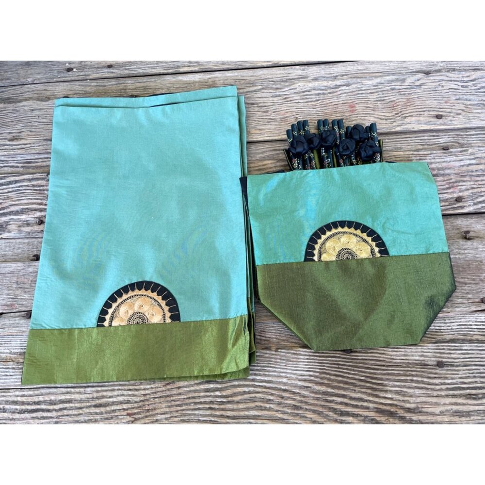 Vintage 1970s Asian Silk Place Mats With Chopsticks and Holder NOS